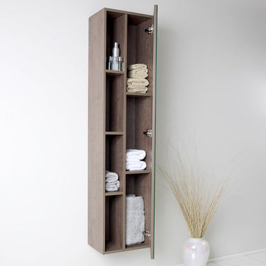 Fresca Gray Oak Bathroom Linen Side Cabinet w/ 4 Cubby Holes & Mirror Linen Cabinet Fresca